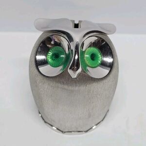 Vintage NAPIER Brushed Silver-Tone Metal Owl Coin Bank Green Eyes 4" Piggy Bank
